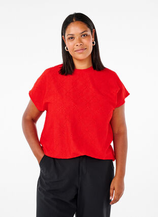 Zizzi Blouse met korte mouwen en bloemenborduursel, Flame Scarlet, Model image number 0