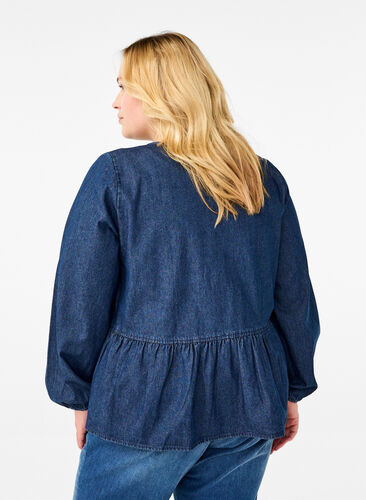 Zizzi Peplum blouse van denim met striksluiting, Dark Blue Denim, Model image number 1