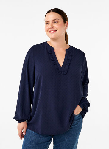 Zizzi Blouse met lange mouwen en structuur, Navy Blazer, Model image number 0