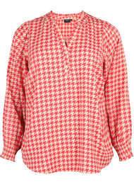 Blouse met smok en V-halslijn, Raspb. Houndsthooth