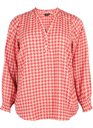 Zizzi Blouse met smok en V-halslijn, Raspb. Houndsthooth, Packshot image number 0