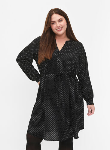 Zizzi Bedrukte jurk met koord in de taille, Black Dot, Model image number 0