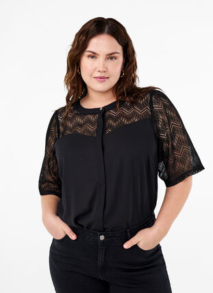 Zizzi Overhemdblouse met korte kanten mouwen, Black, Model image number 0