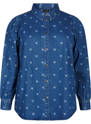 Zizzi Denim shirt met hartjes, L. Blue D. W. Heart, Packshot image number 0