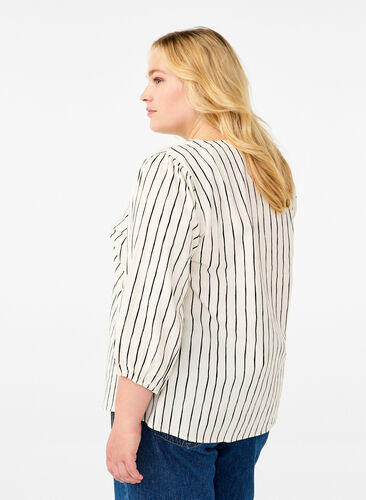 Zizzi Katoenen blouse met 3/4 mouwen en print, Eggnog Black Stripe, Model image number 1