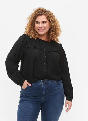 Zizzi Overhemdblouse met ruches en plooien, Black, Model image number 0