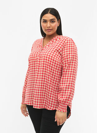 Zizzi Blouse met smok en V-halslijn, Raspb. Houndsthooth, Model image number 0