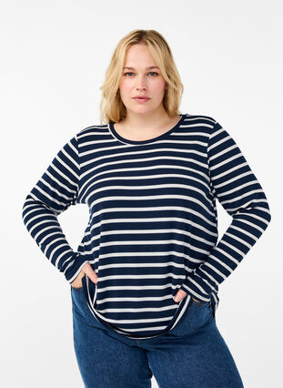 Zizzi Blouse met lange mouwen en strepen, Evening Blue Stripe, Model image number 0