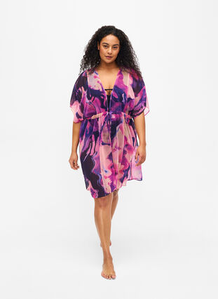 Zizzi Strand kimono met print., Purple Swirl, Model image number 2