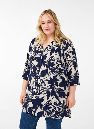 Zizzi Tuniek met print en 3/4 mouwen, Navy Blazer AOP, Model image number 0