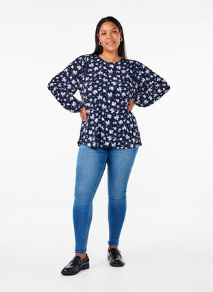 Zizzi Blouse met lange mouwen en bloemenprint, Night Sky AOP, Model image number 2