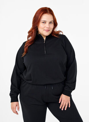 Zizzi Sweatshirt met hoge hals en ritssluiting, Black, Model image number 0