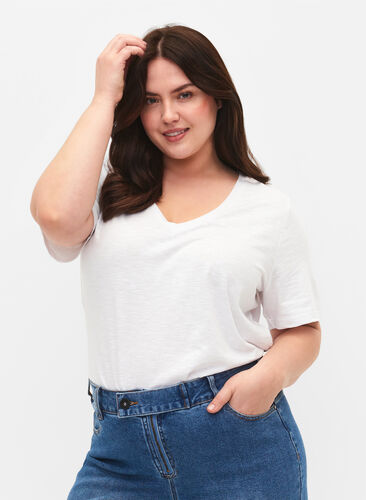 Zizzi Basic t-shirt met korte mouwen en V-hals, Bright White, Model image number 0