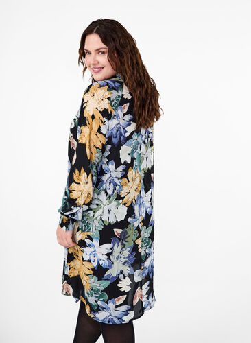 Zizzi Jurk met lange mouwen en bloemenprint, Yellow Flower AOP, Model image number 1