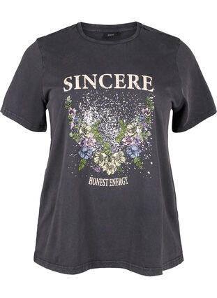 Zizzi T-shirt van biologisch katoen met print, D.Grey Wash Sincere, Packshot image number 0