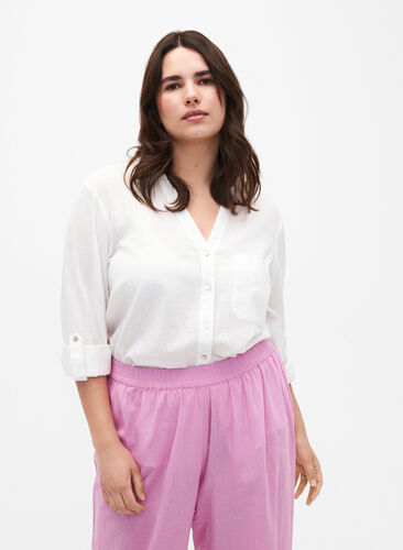 Zizzi Shirtblouse met knoopsluiting van katoen-linnenmix, Bright White, Model image number 0