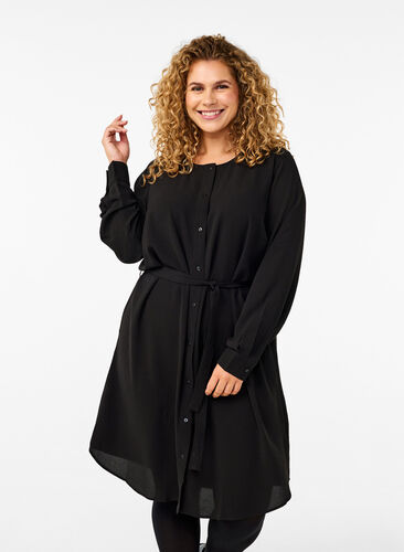 Zizzi Jurk met lange mouwen en trekkoord, Black, Model image number 0