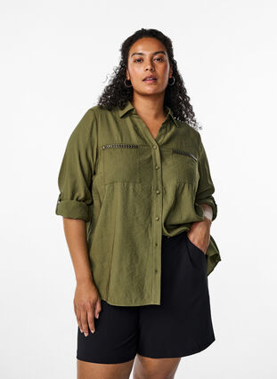 Zizzi Shirt met studs en 3/4 mouwen, Winter Moss, Model image number 0