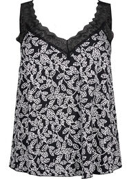 Kanten topje van viscose, Black w. Wh.Leaf AOP