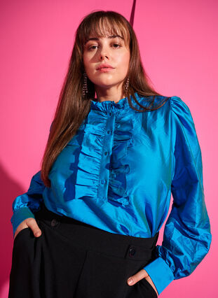 Zizzi Glanzende shirtblouse met ruches, Diva Blue, Image image number 0