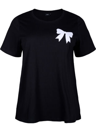 Zizzi Katoenen T-shirt met strik, Black W. White, Packshot image number 0