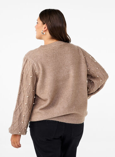 Zizzi Gebreide trui met patroon en parels, Desert Taupe Mel., Model image number 1