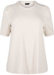 Blouse met knoopdetail en korte pofmouwen, Oatmeal White Mel.