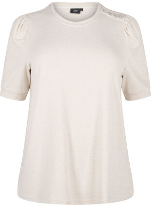 Zizzi Blouse met knoopdetail en korte pofmouwen, Oatmeal White Mel., Packshot image number 0