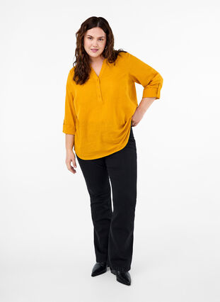 Zizzi Katoenen overhemdblouse met V-hals, Golden Yellow, Model image number 2