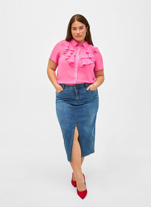 Zizzi Overhemdblouse met korte mouwen en ruches, Pink Power, Model image number 2