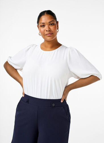 Zizzi Blouse met korte mouwen en een strik op de rug, Bright White, Model image number 0