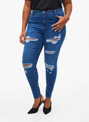 Zizzi Slim fit jeans met slijtagedetails, Blue Denim, Model image number 2