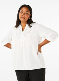 Katoenen blouse met broderie anglaise en 3/4 mouwen, Bright White, Model