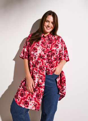 Zizzi Lang shirt met all-over print, Pink AOP Flower, Image image number 0