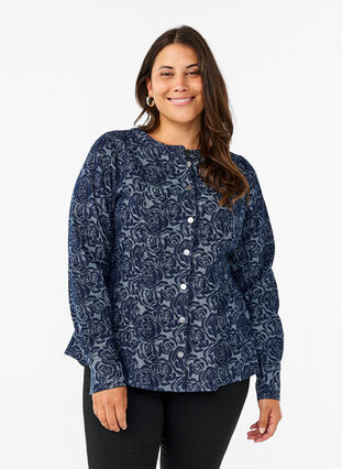 Zizzi Spijkerblouse met rozenpatroon, Denim Rose AOP, Model image number 1