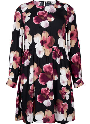 Zizzi Viscose jurk met print en lange mouwen, Black Pink FlowerAOP, Packshot image number 0