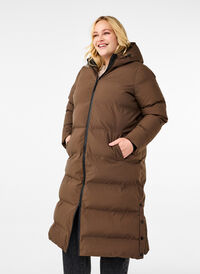 Lange puffer winterjas met capuchon, Chocolate Brown, Model