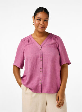 Zizzi Overhemd blouse met V-hals en korte mouwen, Bordeaux, Model image number 0