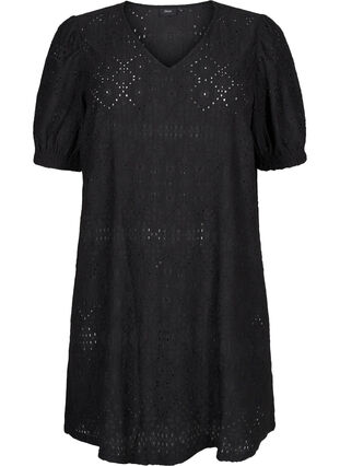 Zizzi Korte jurk met V-hals en gaatjespatroon, Black, Packshot image number 0