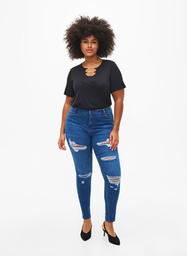 Zizzi Slim fit jeans met slijtagedetails, Blue Denim, Model image number 0