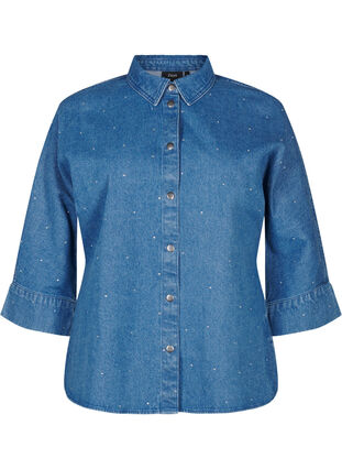 Zizzi Denim shirt met strassteentjes en driekwartmouwen, Bl. Denim Rhinestone, Packshot image number 0