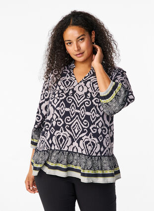 Zizzi Blouse met print en 3/4 mouwen, Black AOP, Model image number 0