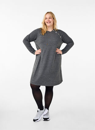 Zizzi Jersey jurk met knopen, Dark Grey Melange, Model image number 2