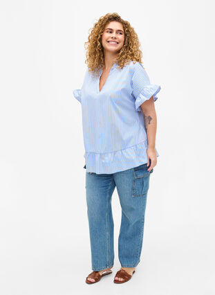 Zizzi Gestreepte blouse met peplum en ruches, Blue Stripe, Model image number 2