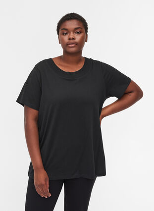 T-shirt met brede rib in de hals en korte mouwen - Zwart - Maat 42