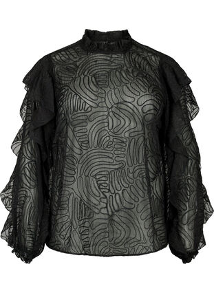 Zizzi Blouse van chiffon met ruches en structuur, Black, Packshot image number 0