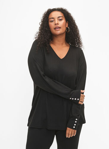 Zizzi Blouse met lange mouwen, brede manchetten en knopen, Black, Model image number 0