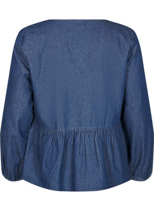 Zizzi Peplum blouse van denim met striksluiting, Dark Blue Denim, Packshot image number 1