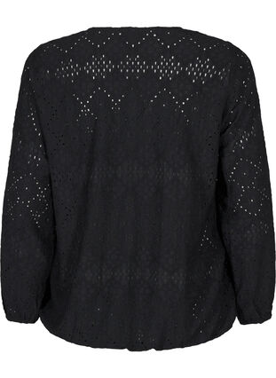 Zizzi Blouse met lange mouwen, V-hals en gaatjespatroon, Black, Packshot image number 1