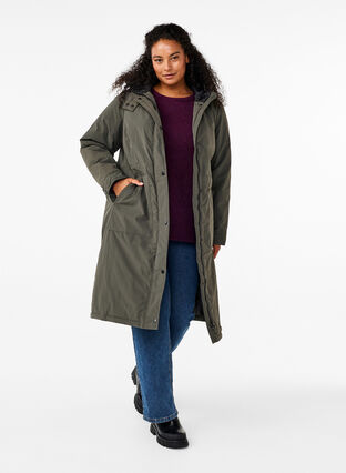 Zizzi Parka jas met kap en verstelbare taille, Black Olive, Model image number 3